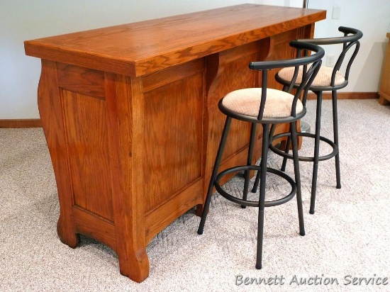 Nice bar set up is sturdy and in good condition. Back side has five drawers and storage space on
