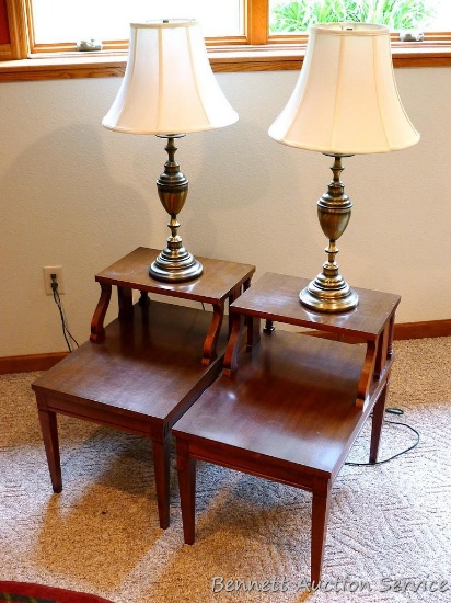 Two tiered end tables and matching table lamps. Tables are each 26" x 18" x 16" high to bottom table
