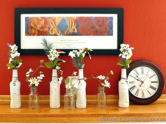 Seven decorative bottles with faux flowers; 12"x 27" framed print; 11" diameter wall clock.