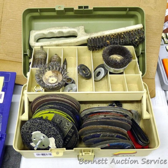 Plano tackle box filled with wire drill brushes, metal cutting wheels, grinding wheels, 4-1/2"