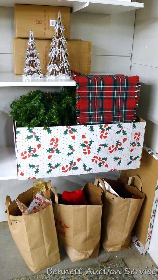Christmas decorations including pair of Yankee Candle silver tree candle holders, tallest is 13";