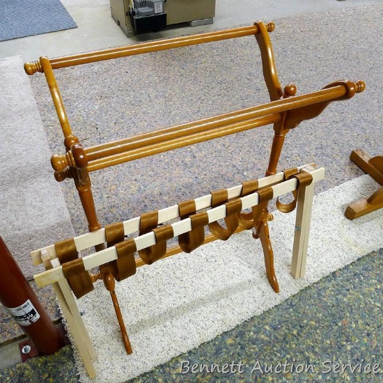 Sturdy little quilt rack is approx. 2' wide x 15" across x 32" high. Comes with folding luggage