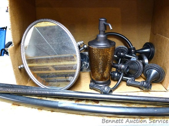 Bathroom accessories include curved shower curtain rod, towel ring, towel bars, soap dispenser, wall