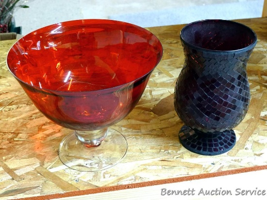 Lovely foot bowl has a clear glass foot and red bowl, measures 9-3/4" across x 8" high; other red