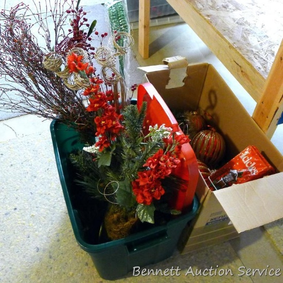Tote of faux Christmas flowers, picks, etc; large 6" ornaments; tinsel, faux mistletoe, lights, etc.