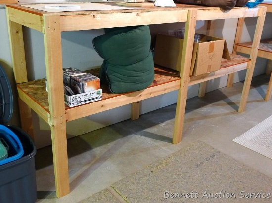 Sturdy wooden shelving unit measures 8' wide x 48" high x 25" across.