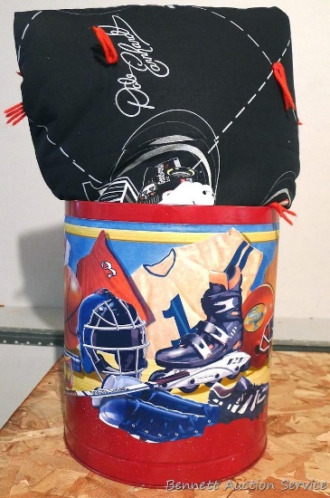 Sports themed tin wastebasket is 11" high. Dale Earnhardt throw is 70" x 84".
