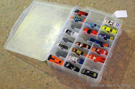 Organizer tote with two partial layers of Hot Wheel sized cars. Tote is 13" x 10" x 3".