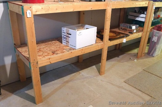Sturdy wooden shelving unit measures 8' wide x 48" high x 25" across.