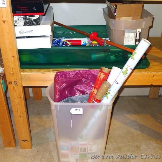 Rubbermaid wrapping paper organizers; some wrapping paper, party supplies, more.