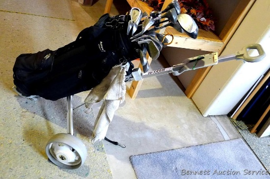 Set of golf clubs by MacGregor and others, plus a nice golf bag with stand and a Knight cart or