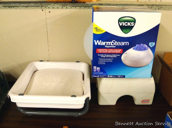 Vicks VapoRub vaporizer with original box; Little Tikes step stool; LifeMax foot massager. All are