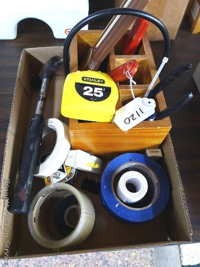 Basic household items including claw hammer, masking tape, packing tape, 25' Stanley tape measure,