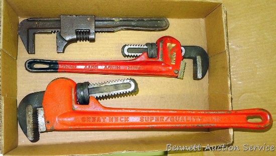 Great Neck 18" pipe wrench, jaws look good; Great Neck 14" pipe wrench, jaws look good; vintage 10"