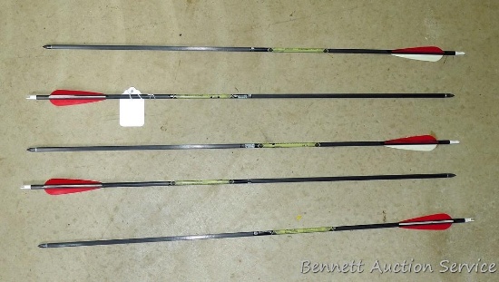 Five 5575 Expedition Hunter Gold Tip carbon arrows with field tips are 30" long.