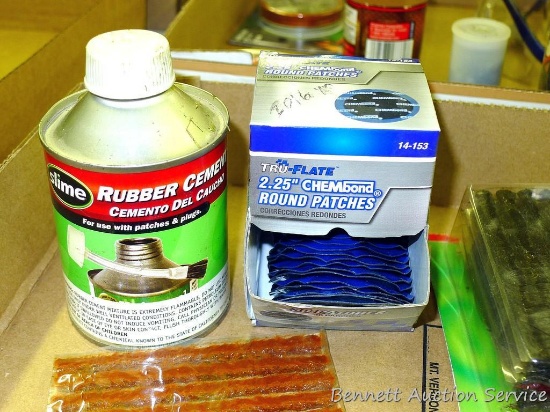 Tru-Flate 2.25" round tire patches; four Victor tools for tire repairing; tire plugs; partial