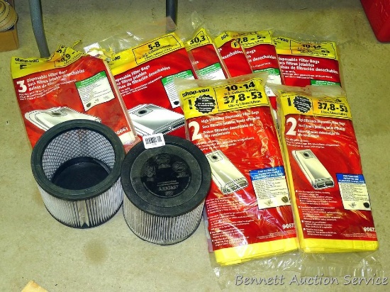 Shop Vac disposable filter bags sizes F, E and I all NIP; 2 shop vac 7-1/2" round filters.