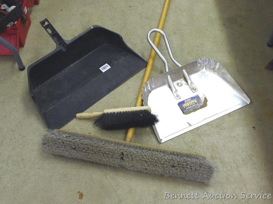 Nice shop broom with 24" head; 2 dustpans, largest is 21" across; another small cleaning brush.