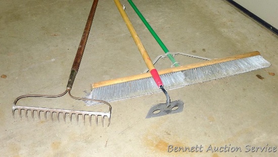 Cement mixing hoe is new, push broom with 36" head and rock rake.