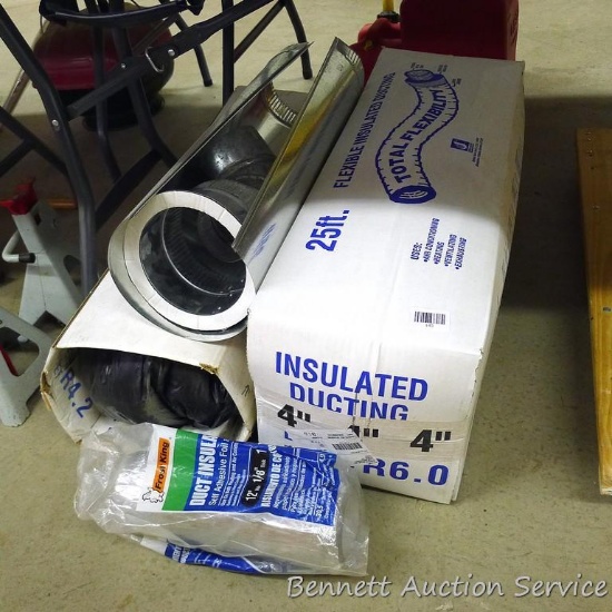 Two boxes of 4" x 25' flexible insulated ducting; partial pkg. of 12" duct insulation; 2' section of