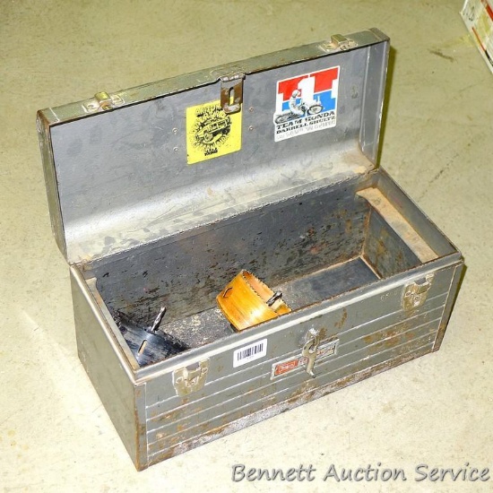 Several hole saws in metal tool box 8" x 18" x 9".