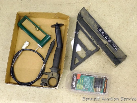 Dremel Saw-Max miter cutting guide is 10" x 13"; Jacobs 1/2" keyless drill chuck NIP; 42" Black &