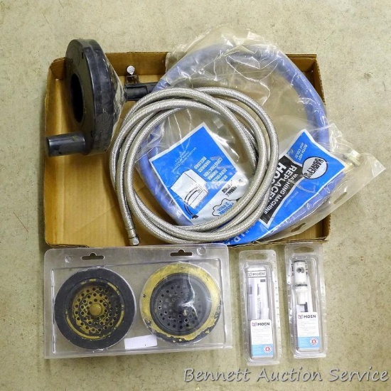 Pair of sink drains; 6' x 3/8" washing machine hose; drain snake; 8' flex hose and more.