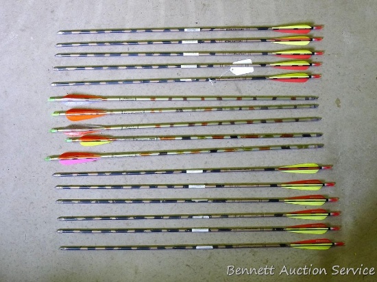 Eleven Easton Stalker 2117 fiberglass arrows with field tips are 32" long; five Easton Camo Hunter