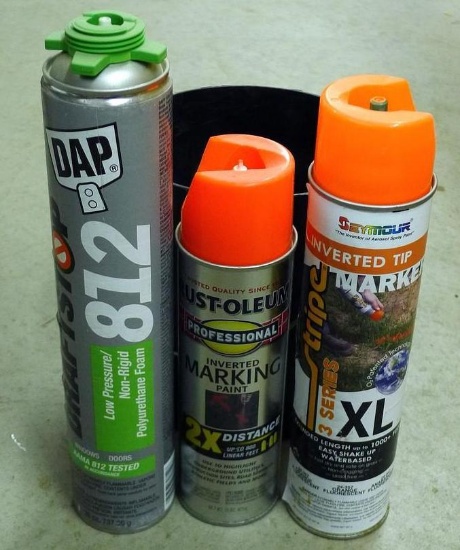 No Shipping.  Two cans marking paint; DAP Draftstop foam 812 in a cute plastic pail.