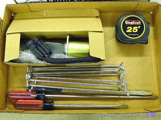 Solenoid model 6681513; KingCraft 25' tape measure; screw drivers, longest is 15-1/2"; peg board