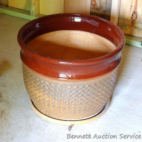 Large ceramic planter is 15" high x 19" diameter, more.