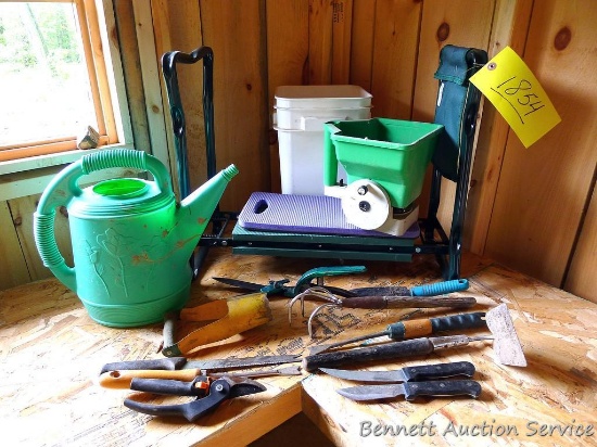 Handy little garden bench, knee cushions, bulb planter, grass cutter, garden fork, little hoe,