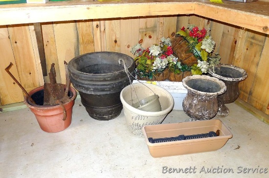 Variety of planters. Concrete look urns stand approx. 17" high, more.