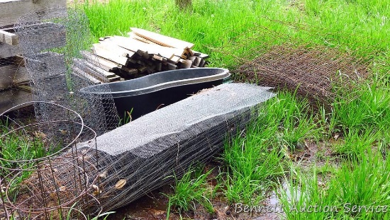 Tomato cages, chicken wire, lawn and garden stakes, pea and bean panels, garden pond tub is 4".