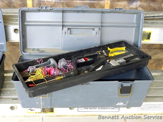 Plano toolbox with tray incl crows foot, corner level, plumb bobs, Wiss tin snips, sheetrock rasps,