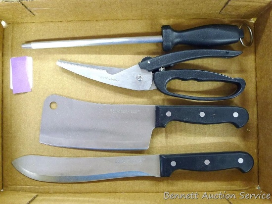 Nice set of knives, meat scissors and sharpening steel. Largest knife has a 6" x 2-3/4" blade.