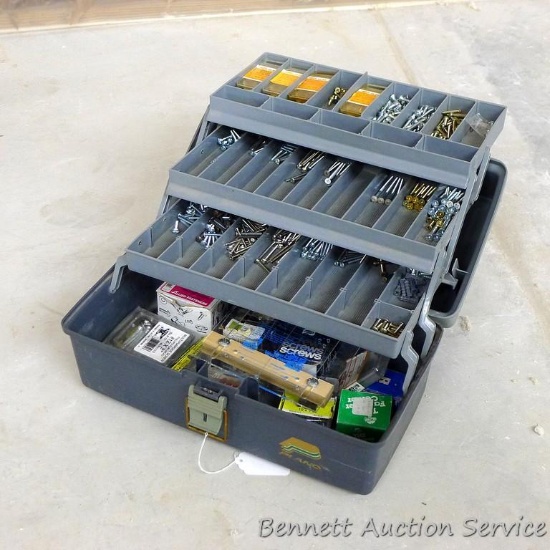 3 Tray Plano tackle box is 18" x 10" x 9" tall with an assortment of screws, machine screws, more.