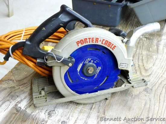7-1/4" Heavy duty Porter-Cable circular saw, model 447, with extra long cord. Cord has a small spot