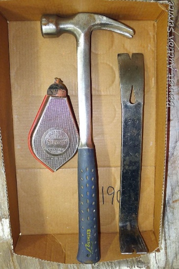 Estwing construction claw hammer is 16", metal pry bar and Starrett chalk line.