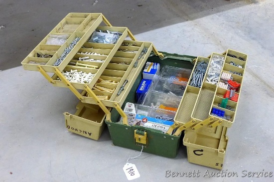 Plano 8606 tackle box has 6 drawers of various size anchors and screws and is 18" x 9" x 9".