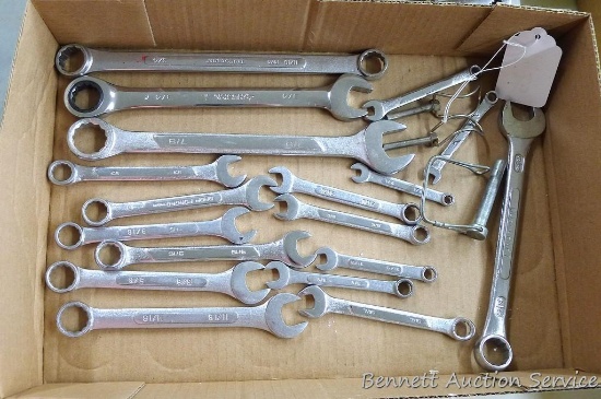 Combination wrenches, largest is 7/8", Husky ratcheting wrench and wrench holders.