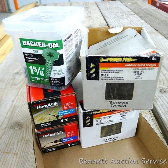 Partial boxes of screws incl exterior wood products with bronze ceramic coat 10 x 5" and 10 x 6";