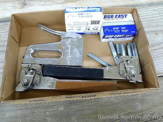 2 Duro Fast roofing staplers, Arrow hand stapler with full and partial boxes of 5/16" staples.