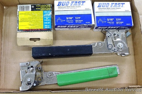 2 Duo-Fast roofing staplers and 2 boxes of Duo Fast 5/16" staples.