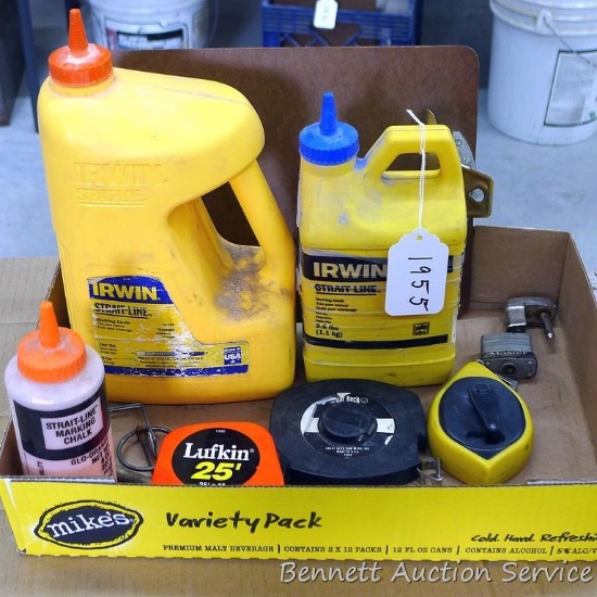 Partial container of Irwin straight line marking chalk, Lufkin 25ft 1" tape measure, 100ft tape