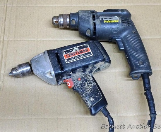 2 Hand drills incl Craftsman and Black & Decker, both run but need repair.