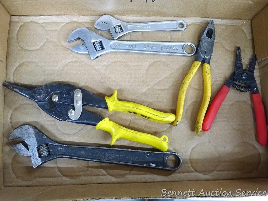 10", 8" and 6" adjustable wrenches, Stanley tin snips, wire strippers and pliers.