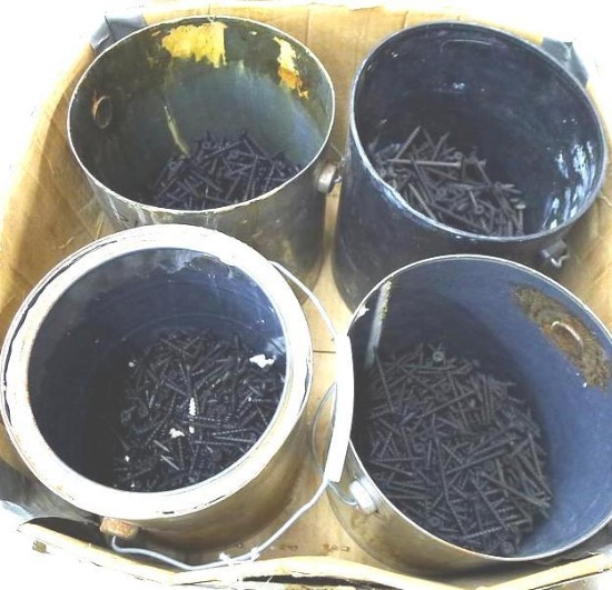 4 Paint cans partially filled with screws, longest is 2-1/2".