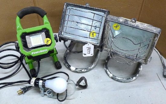 4 Work lights incl clamp-on, LED Power Smith and halogen. All work.