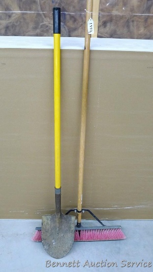Fiberglass handled spade shovel and push broom with head is 24". Both are in nice shape.